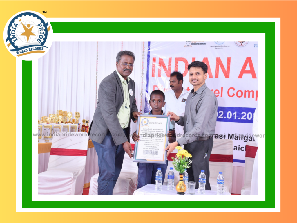 Hashvanthraj.K set a new World Record by Continuous Slow Cycling seven rounds in 32*7 Meter dia with answering 40 single digit Mental Mathematics” in 5 mins 1 sec