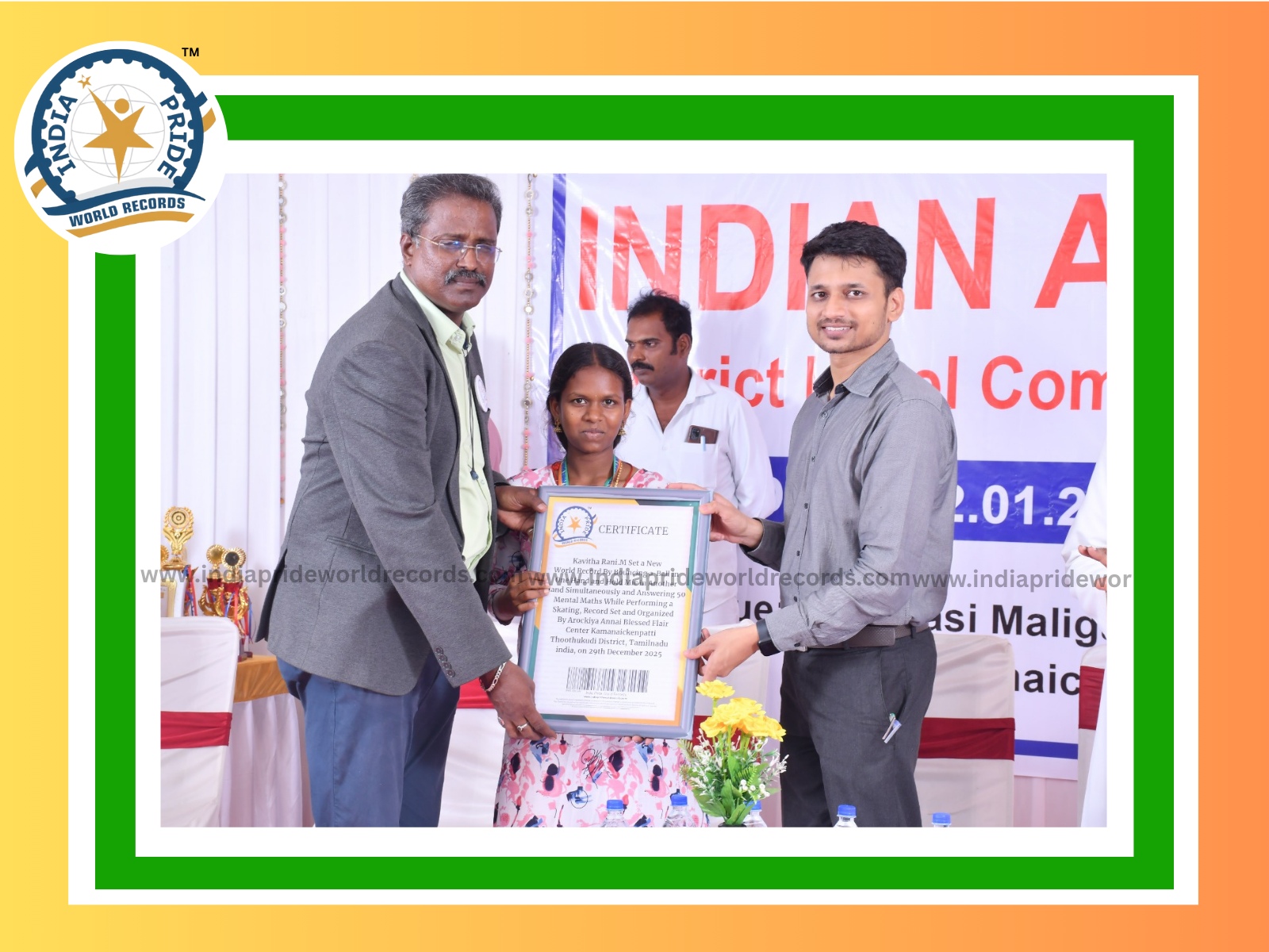 Kavitha Rani.M Set a New World Record By Bouncing a Ball in One Hand and Hold Mic in Another Hand Simultaneously and Answering 50Mental Maths While Performing a Skating on 29th Dec 2025
