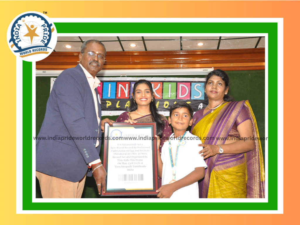 D.S.Saisasvinth Set a New World Record-Padmasana On Egg Simultaneously recitate Thirukkural-D.S.Saisasvinth Set a New World Record By Performed Padmasana on Egg and Recitate Thirukural in 1 Min 30 Secs, Record Set and Organized By Tiny Kids Play Home On May 23rd 2026 at Tiruchirapalli Tamilnadu,India
